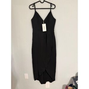 CMZ2005 Black V-Neck Tulip Hem Midi Dress NWT Small Adjustable Straps Cocktail